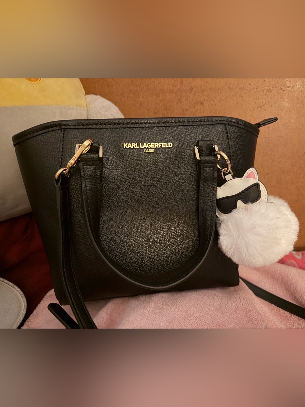 Karl Lagerfeld Black Pebbled Leather Tote with Gold Hardware